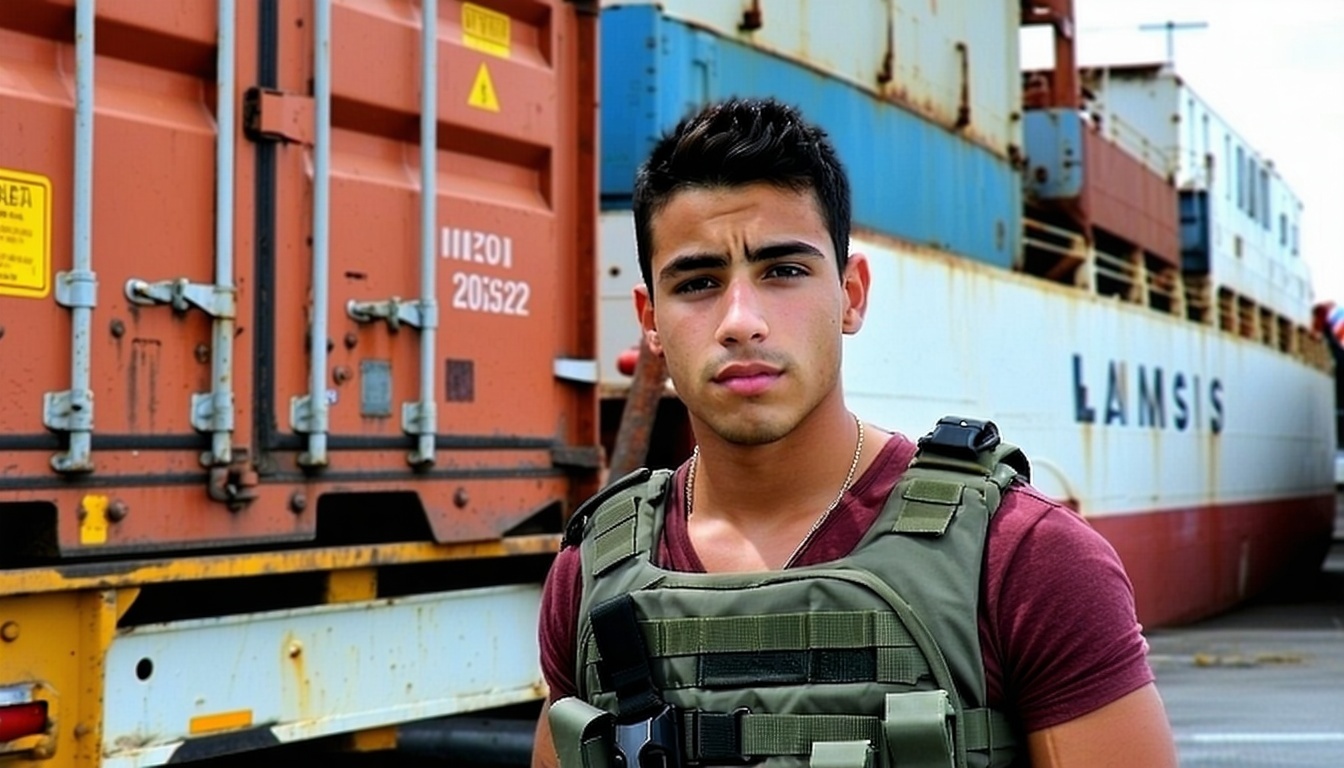 Joven latino con caso y chaleco en un puerto de contenedores-1